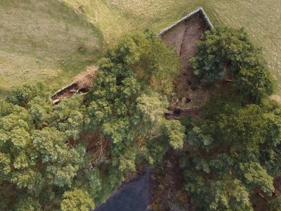 from above, corner of water, trees, wall and grass