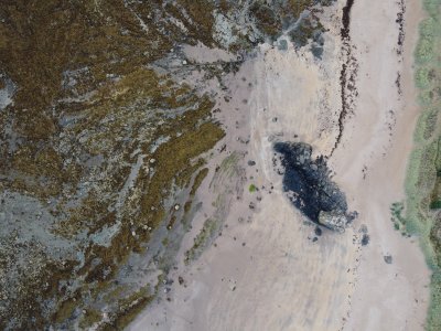 bearch seen from above, sand and rocks