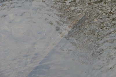 water, with reflections on it and a post and stones underneath